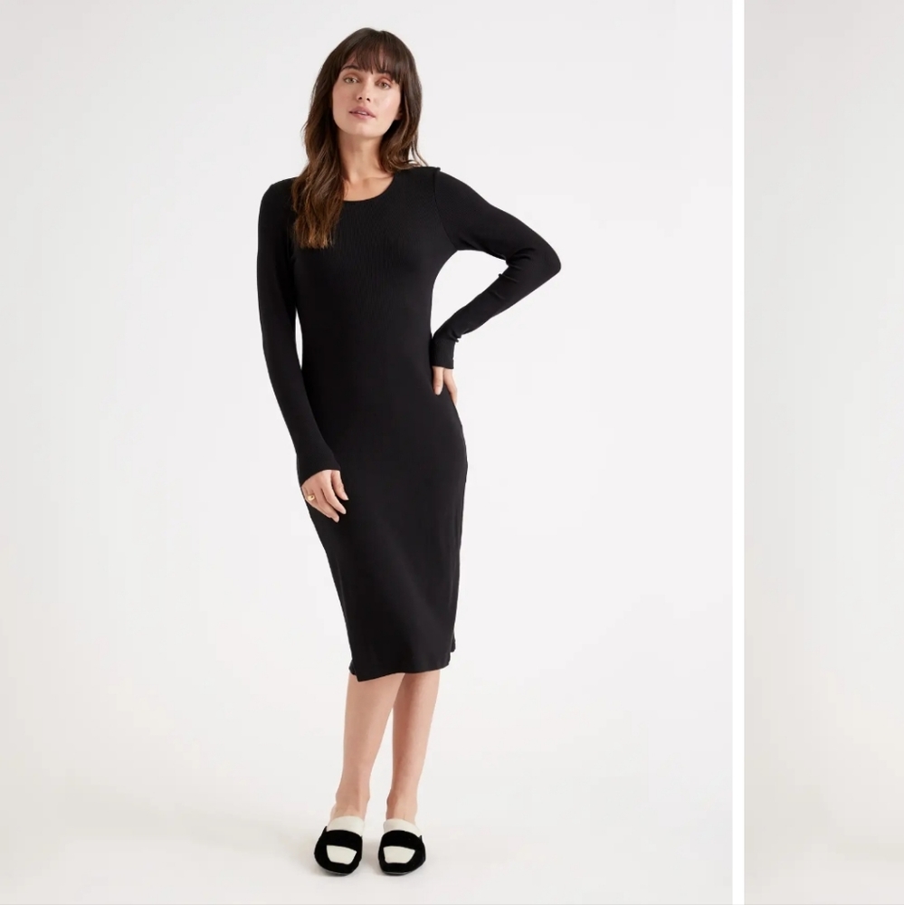 Quince Tencel Ribbed Knit Long Sleeve Dress in  Brown Size Med Last One